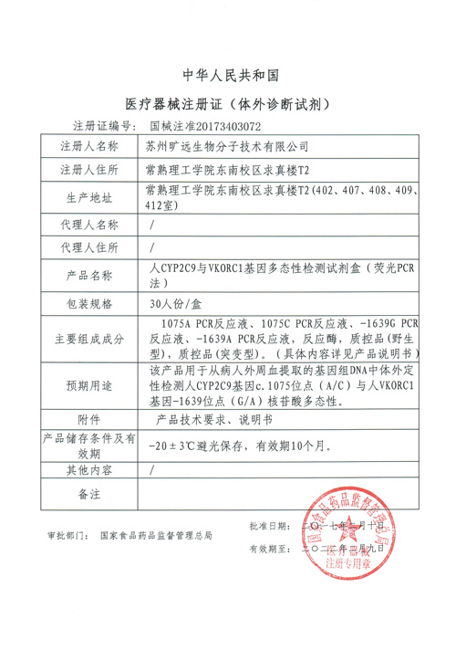 喜讯！苏州pp电子生物CYP2C9与VKORC1项目喜获Ⅲ类医疗器械注册证